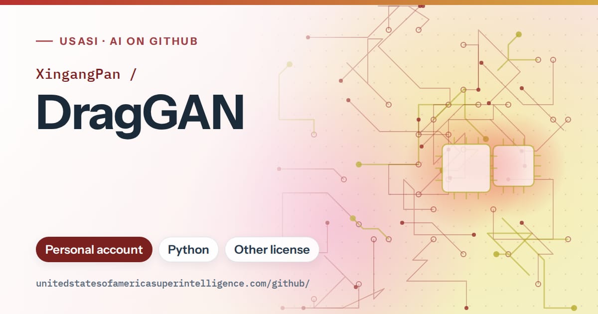 Generated red circuit-trace artwork for XingangPan/DragGAN, labeled USASI · AI on GitHub, with Personal account · Python · Other license.