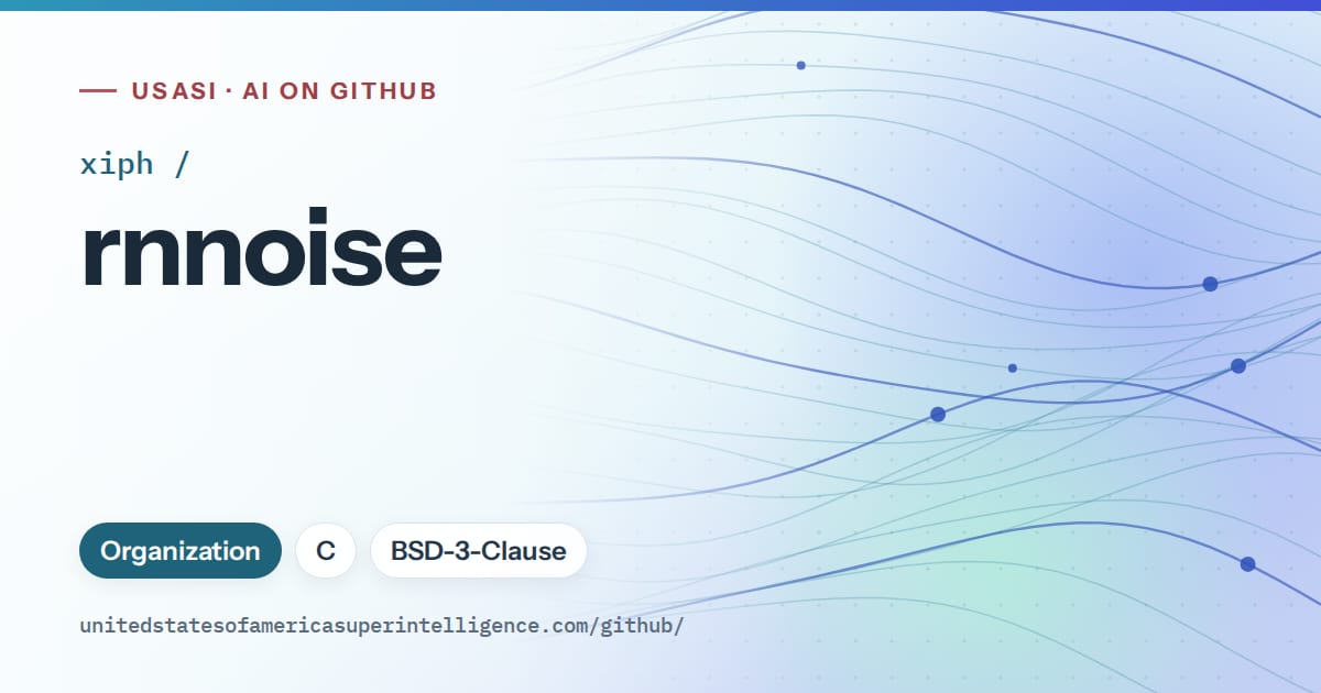 Generated sky blue flowing-wave artwork for xiph/rnnoise, labeled USASI · AI on GitHub, with Organization · C · BSD-3-Clause.