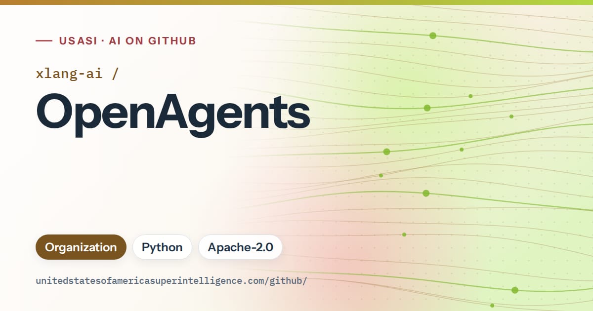 Generated orange flowing-wave artwork for xlang-ai/OpenAgents, labeled USASI · AI on GitHub, with Organization · Python · Apache-2.0.
