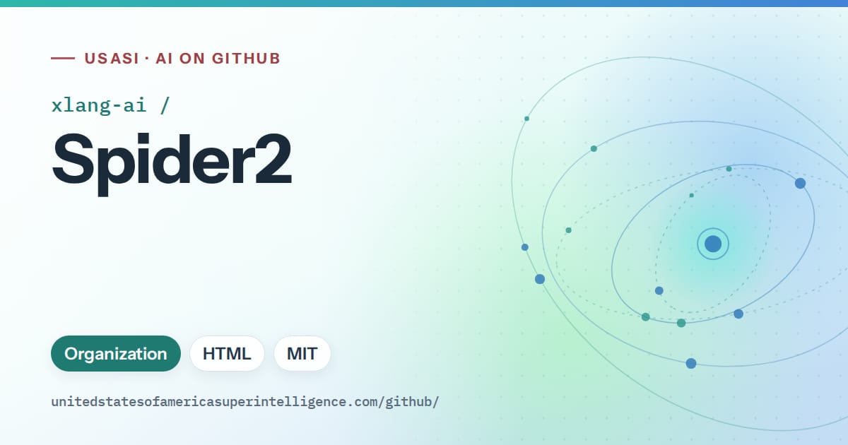 Generated teal orbit artwork for xlang-ai/Spider2, labeled USASI · AI on GitHub, with Organization · HTML · MIT.