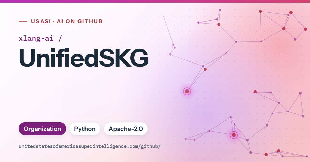 Generated purple constellation network artwork for xlang-ai/UnifiedSKG, labeled USASI · AI on GitHub, with Organization · Python · Apache-2.0.