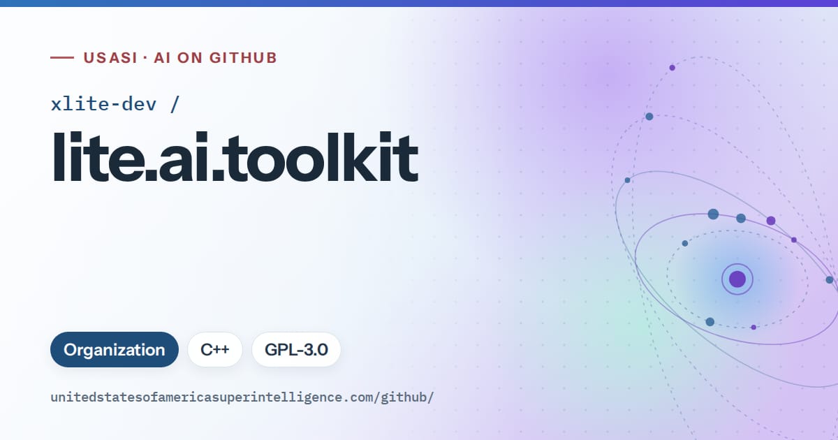 Generated sky blue orbit artwork for xlite-dev/lite.ai.toolkit, labeled USASI · AI on GitHub, with Organization · C++ · GPL-3.0.