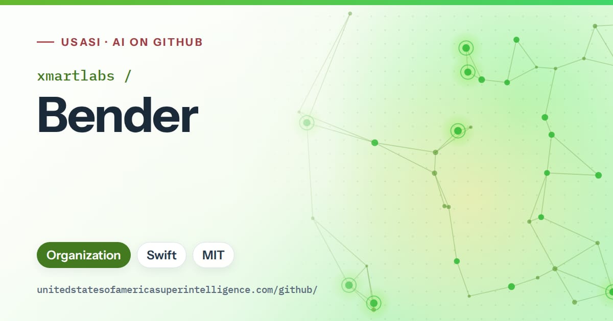 Generated green constellation network artwork for xmartlabs/Bender, labeled USASI · AI on GitHub, with Organization · Swift · MIT.