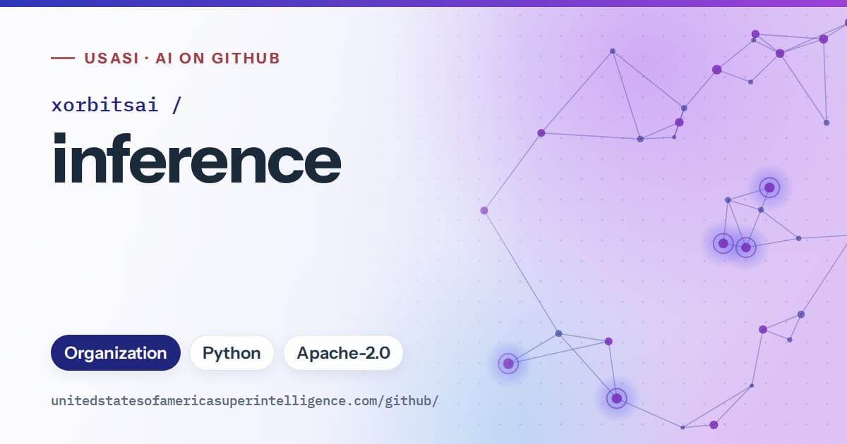 Generated blue constellation network artwork for xorbitsai/inference, labeled USASI · AI on GitHub, with Organization · Python · Apache-2.0.