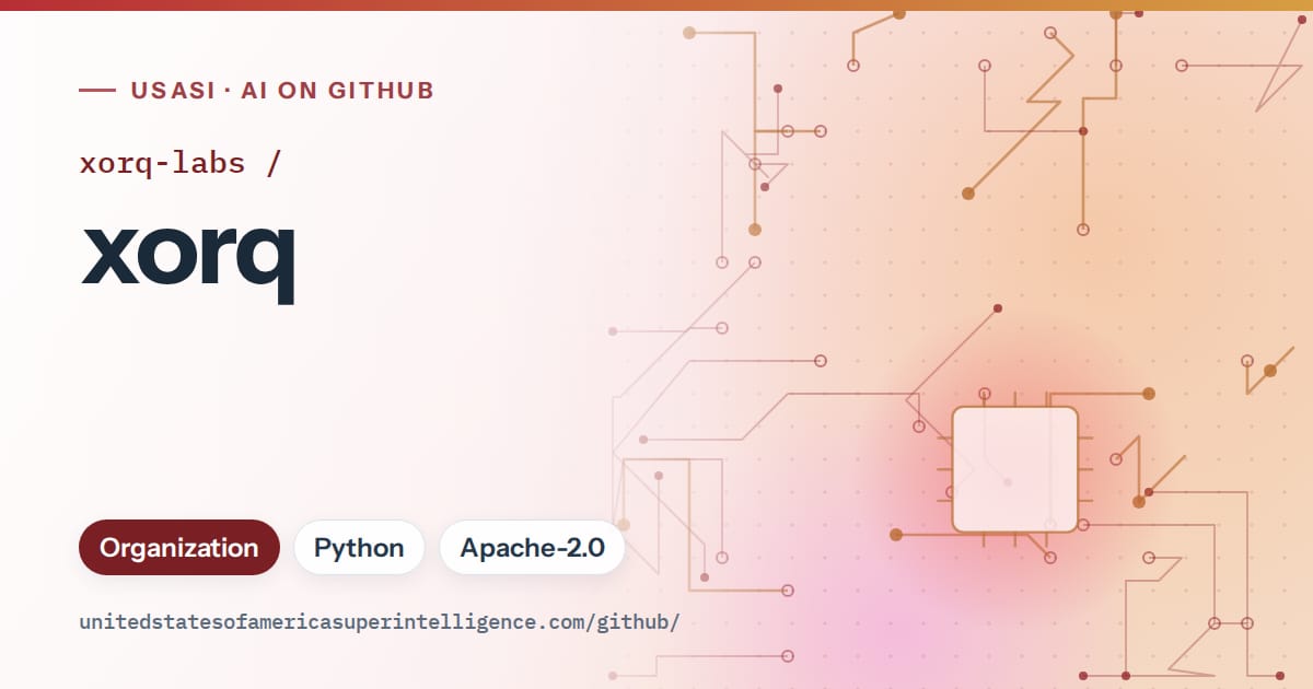Generated red circuit-trace artwork for xorq-labs/xorq, labeled USASI · AI on GitHub, with Organization · Python · Apache-2.0.