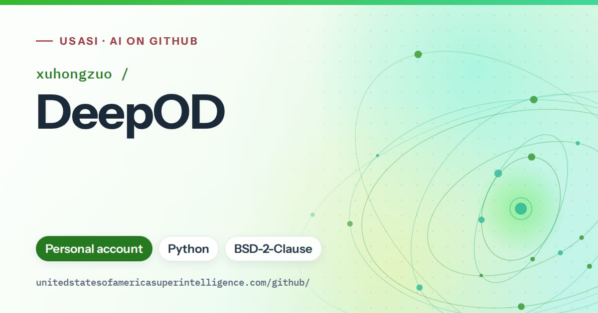 Generated green orbit artwork for xuhongzuo/DeepOD, labeled USASI · AI on GitHub, with Personal account · Python · BSD-2-Clause.