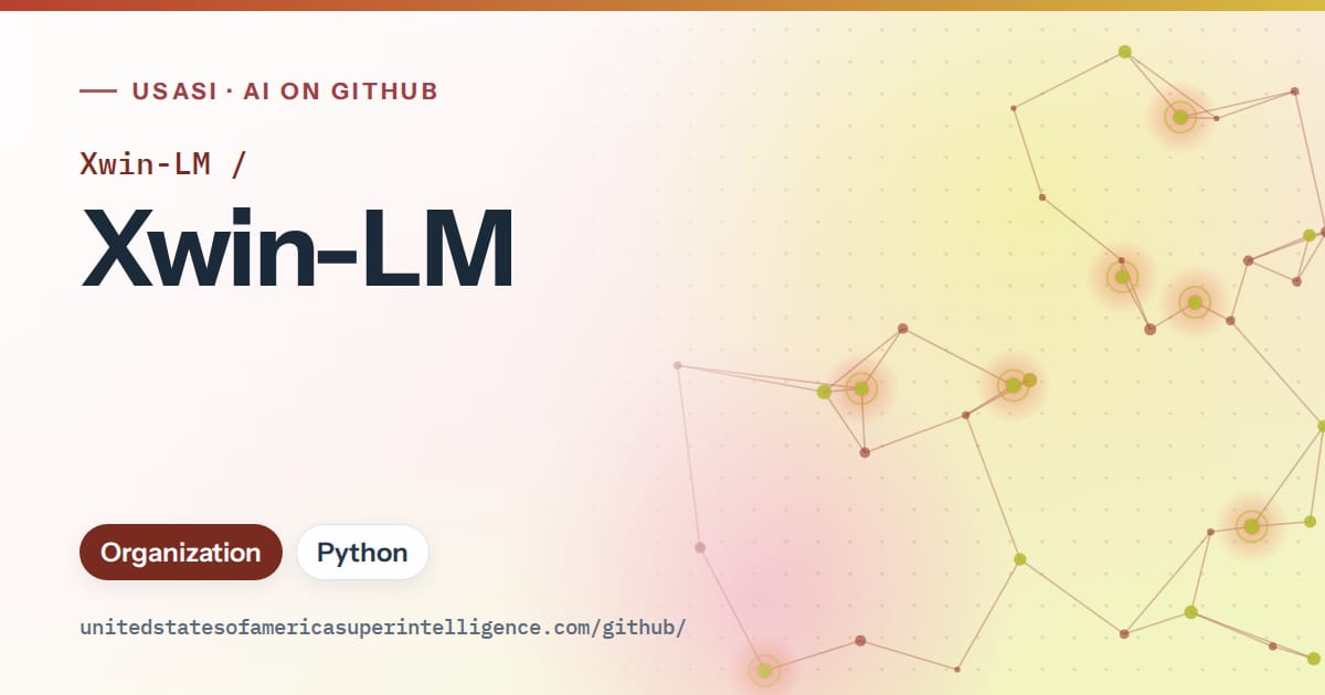 Generated red constellation network artwork for Xwin-LM/Xwin-LM, labeled USASI · AI on GitHub, with Organization · Python.