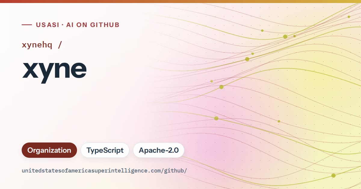 Generated red flowing-wave artwork for xynehq/xyne, labeled USASI · AI on GitHub, with Organization · TypeScript · Apache-2.0.