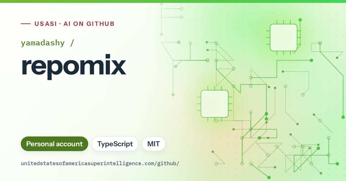 Generated green circuit-trace artwork for yamadashy/repomix, labeled USASI · AI on GitHub, with Personal account · TypeScript · MIT.