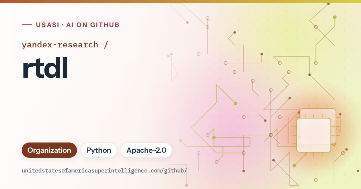 Generated orange circuit-trace artwork for yandex-research/rtdl, labeled USASI · AI on GitHub, with Organization · Python · Apache-2.0.