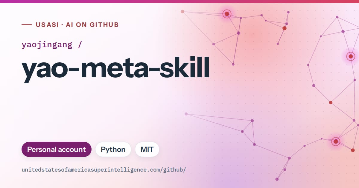 Generated purple constellation network artwork for yaojingang/yao-meta-skill, labeled USASI · AI on GitHub, with Personal account · Python · MIT.