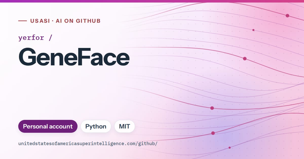 Generated purple flowing-wave artwork for yerfor/GeneFace, labeled USASI · AI on GitHub, with Personal account · Python · MIT.