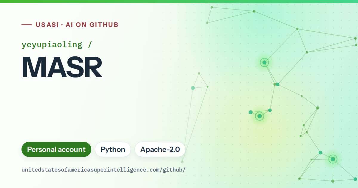 Generated green constellation network artwork for yeyupiaoling/MASR, labeled USASI · AI on GitHub, with Personal account · Python · Apache-2.0.