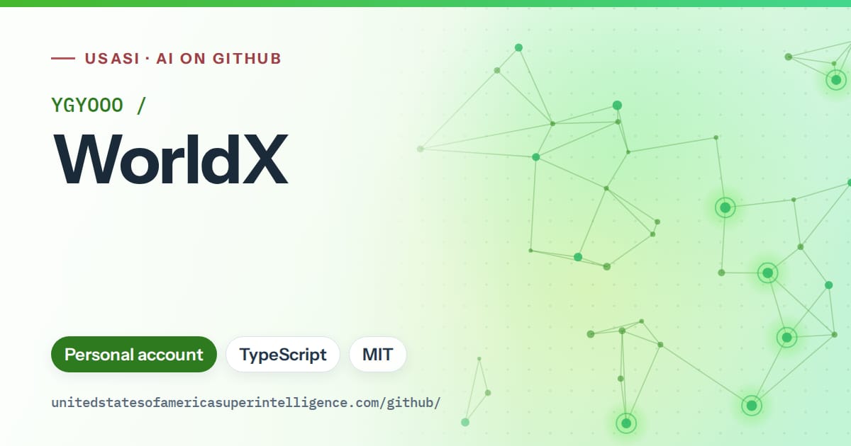 Generated green constellation network artwork for YGYOOO/WorldX, labeled USASI · AI on GitHub, with Personal account · TypeScript · MIT.