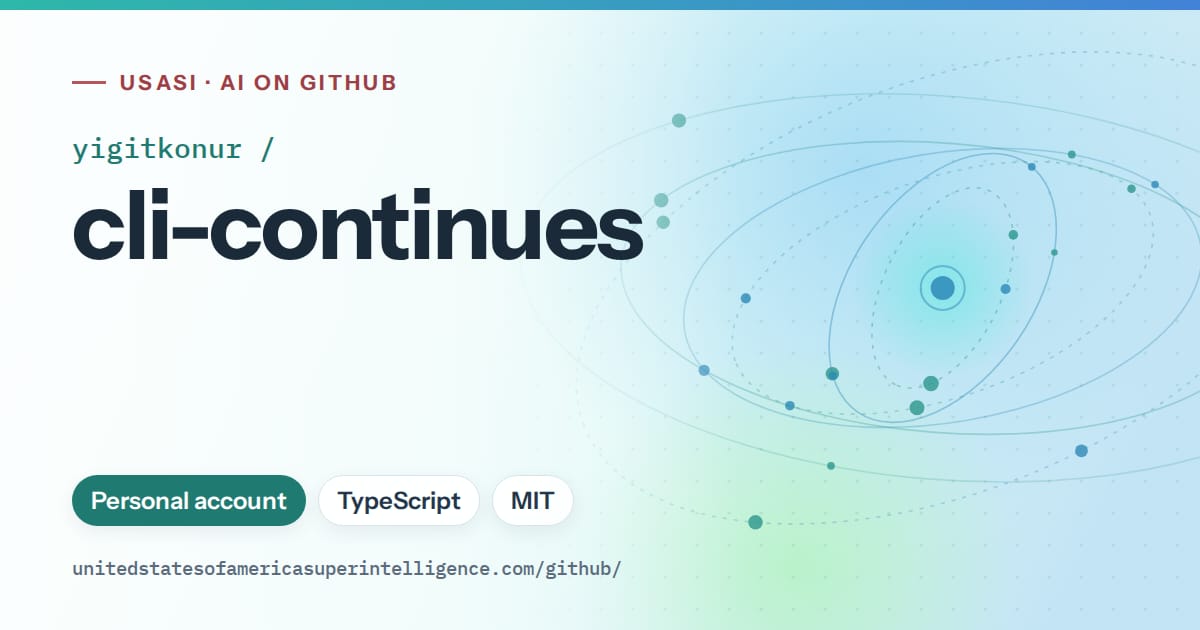 Generated teal orbit artwork for yigitkonur/cli-continues, labeled USASI · AI on GitHub, with Personal account · TypeScript · MIT.