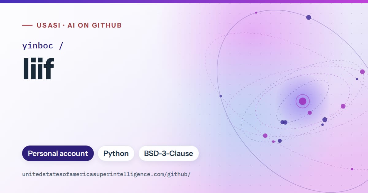 Generated violet orbit artwork for yinboc/liif, labeled USASI · AI on GitHub, with Personal account · Python · BSD-3-Clause.
