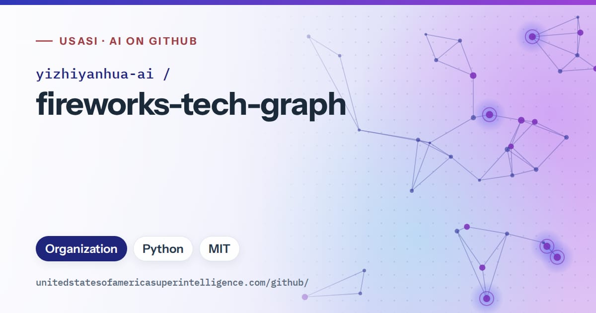 Generated blue constellation network artwork for yizhiyanhua-ai/fireworks-tech-graph, labeled USASI · AI on GitHub, with Organization · Python · MIT.