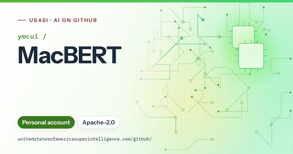 Generated green circuit-trace artwork for ymcui/MacBERT, labeled USASI · AI on GitHub, with Personal account · Apache-2.0.