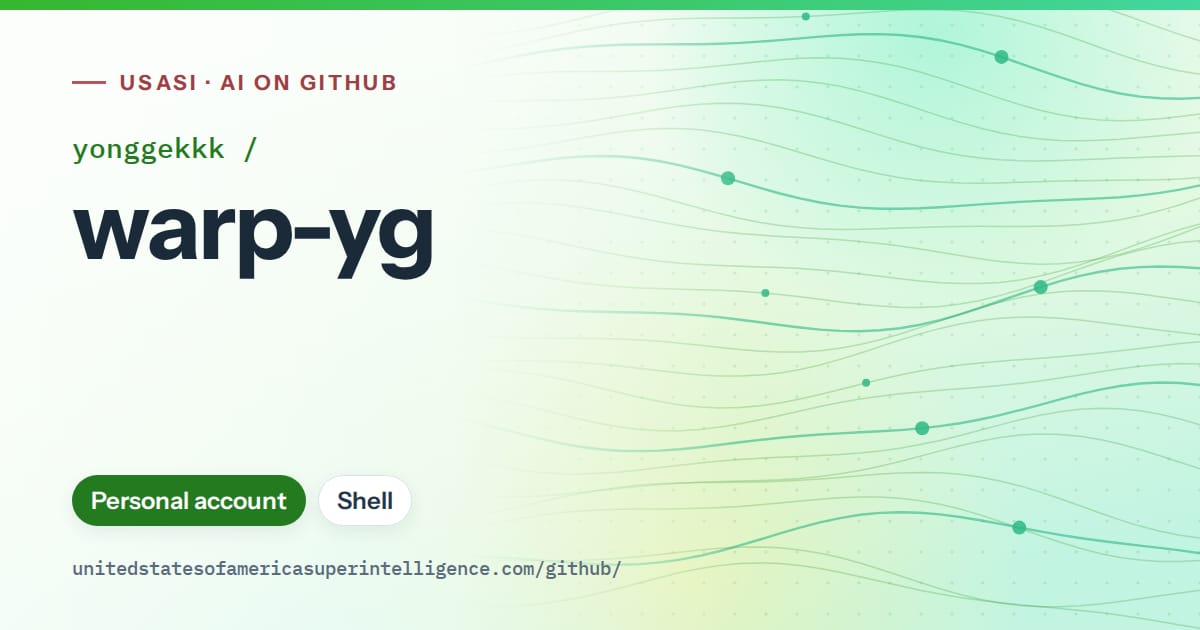 Generated green flowing-wave artwork for yonggekkk/warp-yg, labeled USASI · AI on GitHub, with Personal account · Shell.