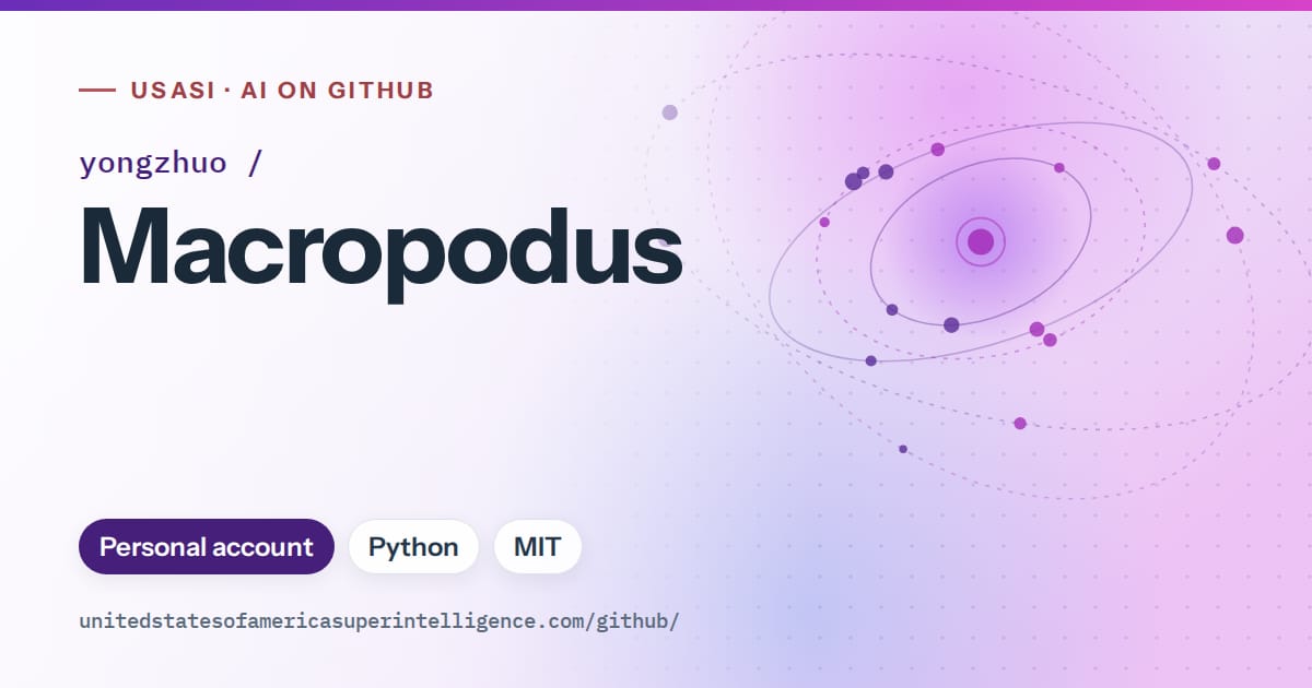 Generated violet orbit artwork for yongzhuo/Macropodus, labeled USASI · AI on GitHub, with Personal account · Python · MIT.