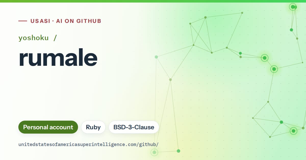 Generated green constellation network artwork for yoshoku/rumale, labeled USASI · AI on GitHub, with Personal account · Ruby · BSD-3-Clause.
