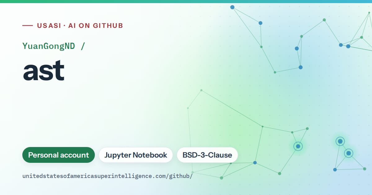 Generated teal constellation network artwork for YuanGongND/ast, labeled USASI · AI on GitHub, with Personal account · Jupyter Notebook · BSD-3-Clause.