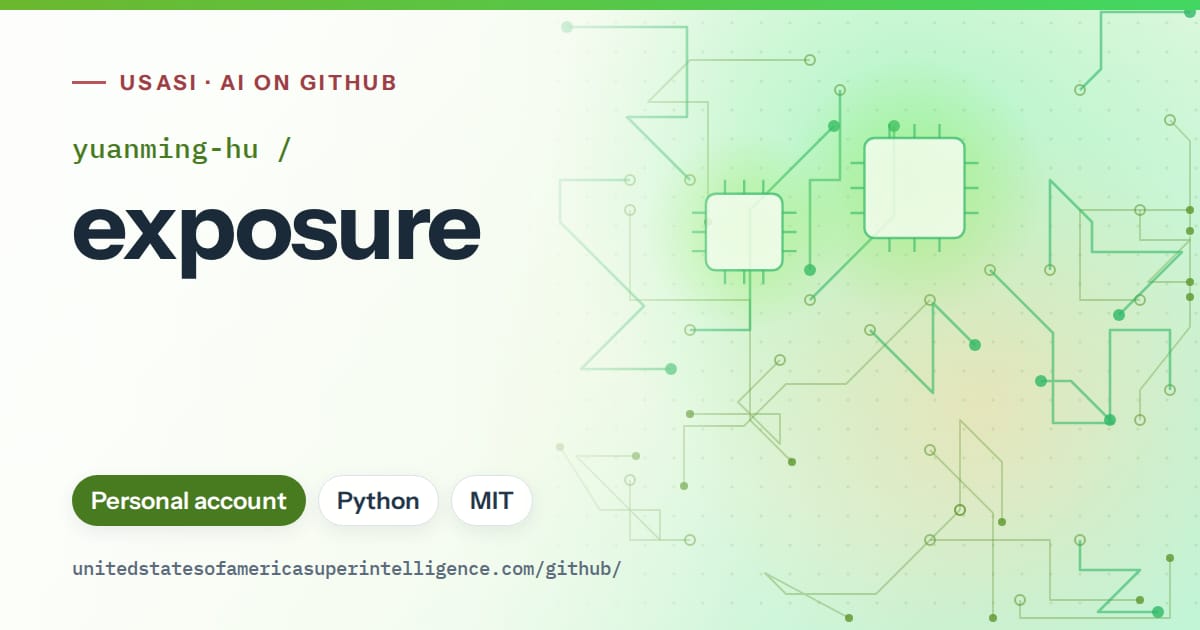 Generated green circuit-trace artwork for yuanming-hu/exposure, labeled USASI · AI on GitHub, with Personal account · Python · MIT.