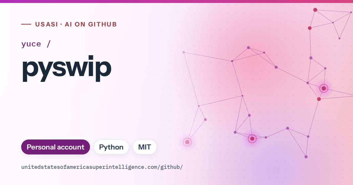 Generated purple constellation network artwork for yuce/pyswip, labeled USASI · AI on GitHub, with Personal account · Python · MIT.