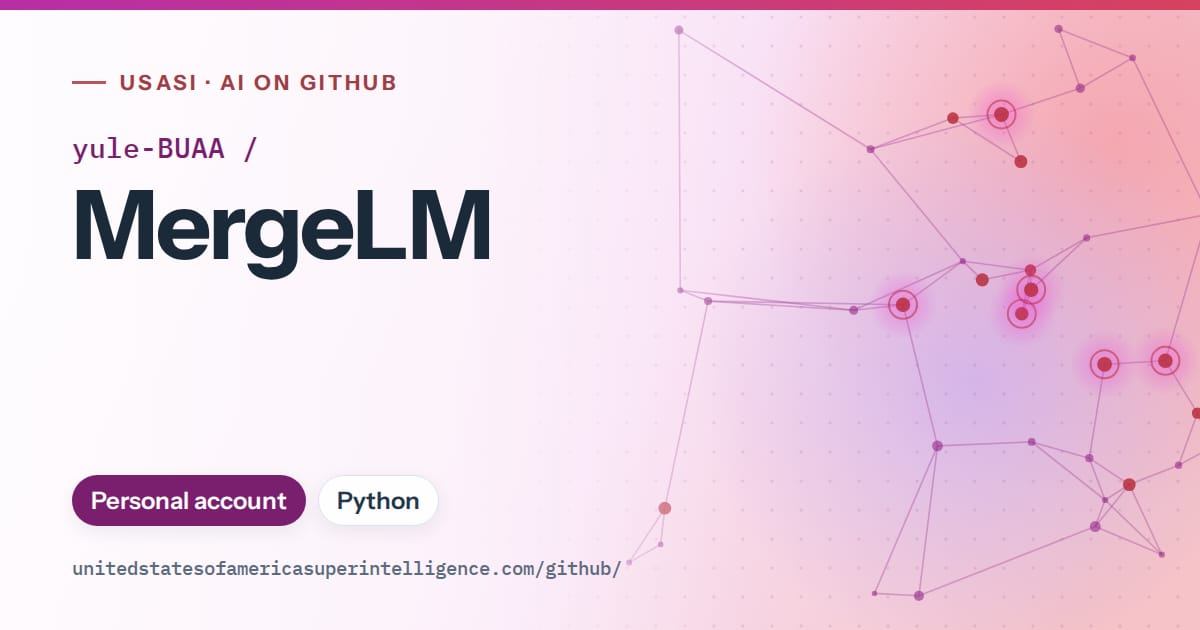 Generated purple constellation network artwork for yule-BUAA/MergeLM, labeled USASI · AI on GitHub, with Personal account · Python.