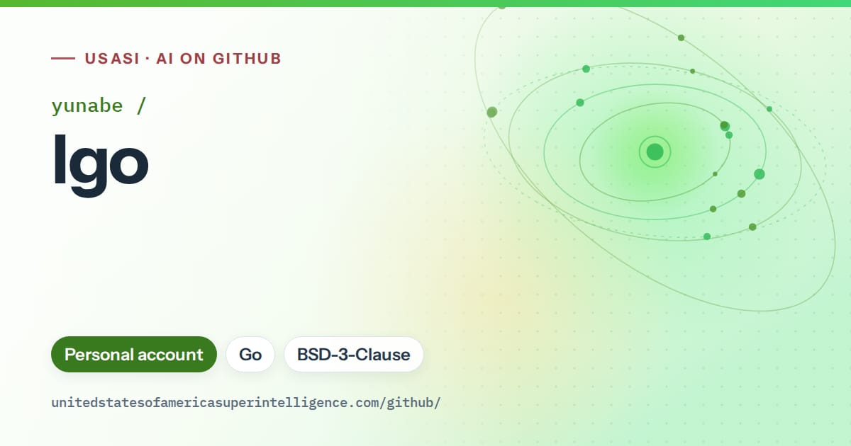 Generated green orbit artwork for yunabe/lgo, labeled USASI · AI on GitHub, with Personal account · Go · BSD-3-Clause.