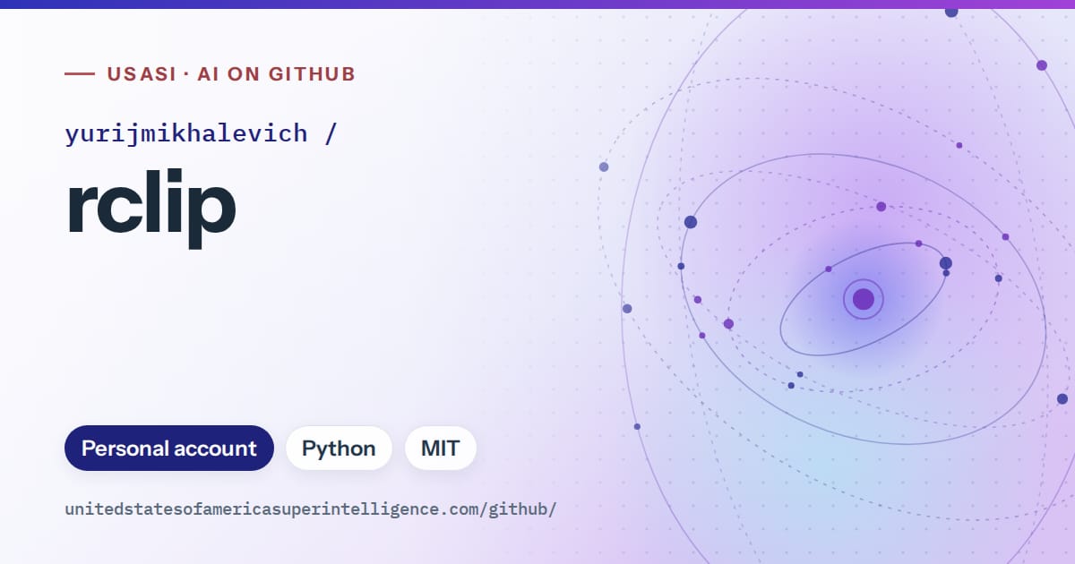 Generated blue orbit artwork for yurijmikhalevich/rclip, labeled USASI · AI on GitHub, with Personal account · Python · MIT.