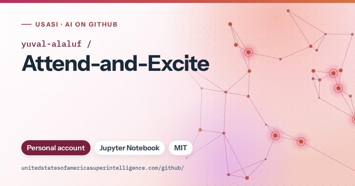 Generated pink constellation network artwork for yuval-alaluf/Attend-and-Excite, labeled USASI · AI on GitHub, with Personal account · Jupyter Notebook · MIT.