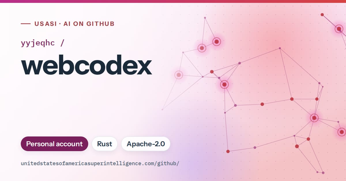 Generated pink constellation network artwork for yyjeqhc/webcodex, labeled USASI · AI on GitHub, with Personal account · Rust · Apache-2.0.