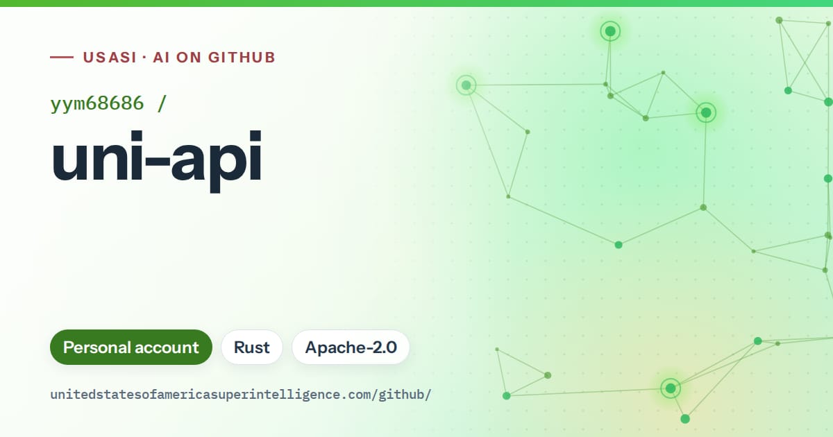 Generated green constellation network artwork for yym68686/uni-api, labeled USASI · AI on GitHub, with Personal account · Rust · Apache-2.0.