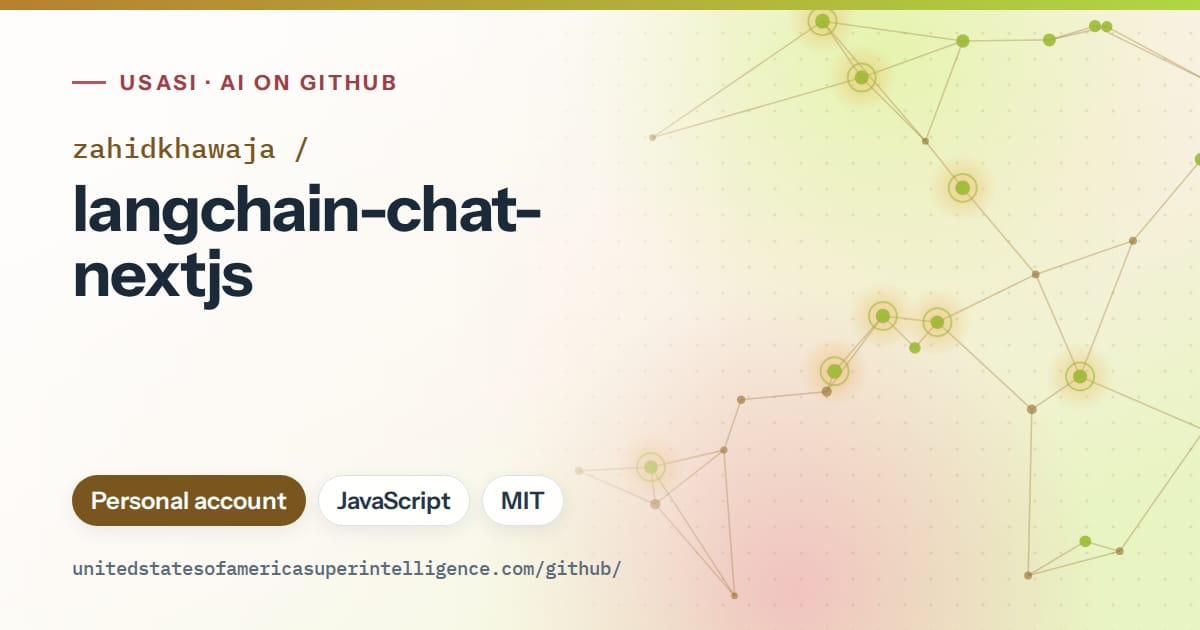 Generated orange constellation network artwork for zahidkhawaja/langchain-chat-nextjs, labeled USASI · AI on GitHub, with Personal account · JavaScript · MIT.