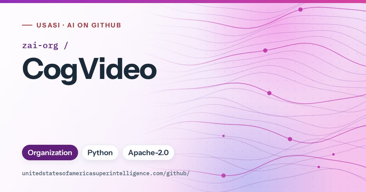Generated violet flowing-wave artwork for zai-org/CogVideo, labeled USASI · AI on GitHub, with Organization · Python · Apache-2.0.