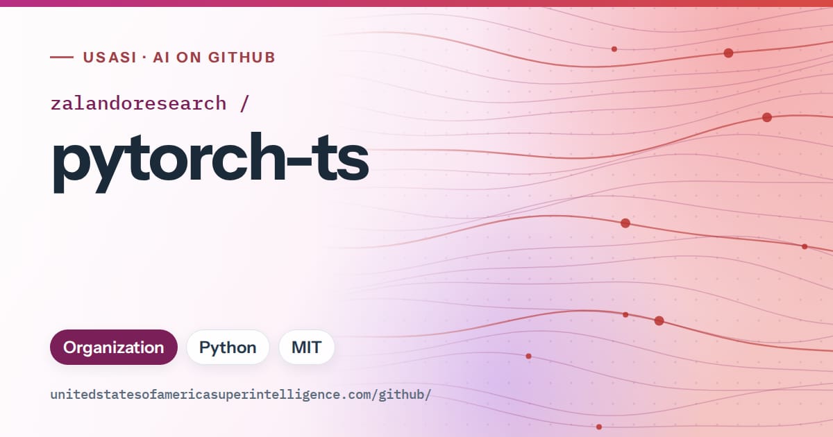 Generated pink flowing-wave artwork for zalandoresearch/pytorch-ts, labeled USASI · AI on GitHub, with Organization · Python · MIT.
