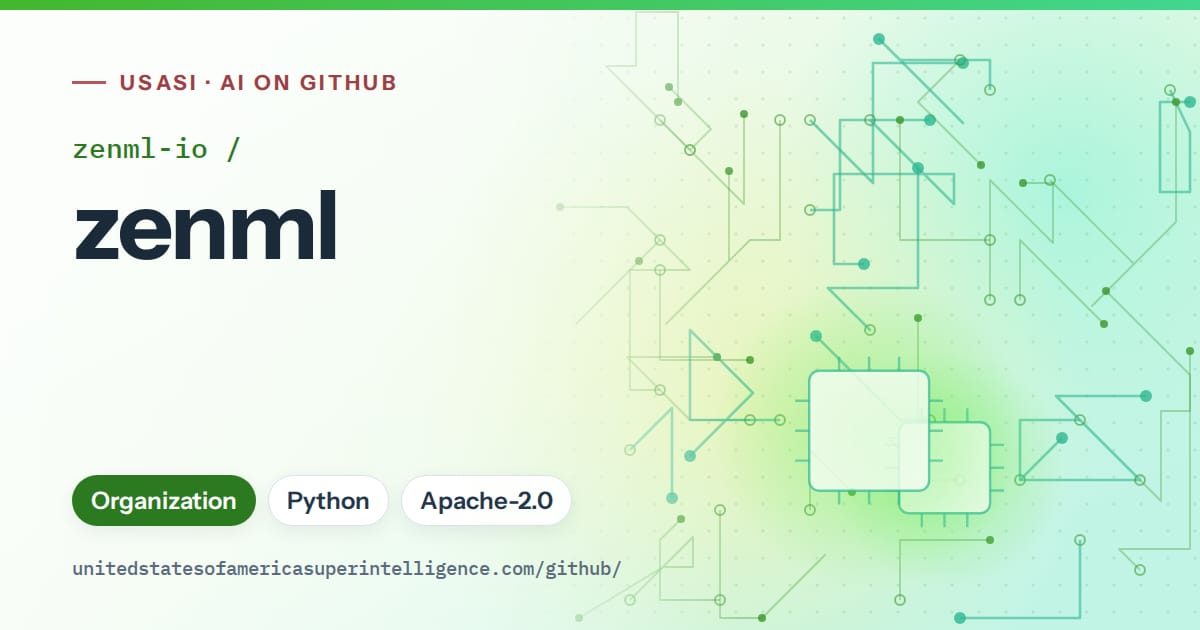 Generated green circuit-trace artwork for zenml-io/zenml, labeled USASI · AI on GitHub, with Organization · Python · Apache-2.0.