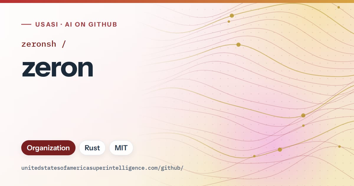 Generated red flowing-wave artwork for zeronsh/zeron, labeled USASI · AI on GitHub, with Organization · Rust · MIT.