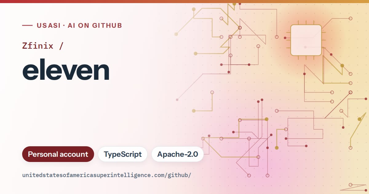 Generated red circuit-trace artwork for Zfinix/eleven, labeled USASI · AI on GitHub, with Personal account · TypeScript · Apache-2.0.