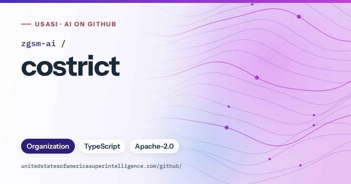 Generated violet flowing-wave artwork for zgsm-ai/costrict, labeled USASI · AI on GitHub, with Organization · TypeScript · Apache-2.0.