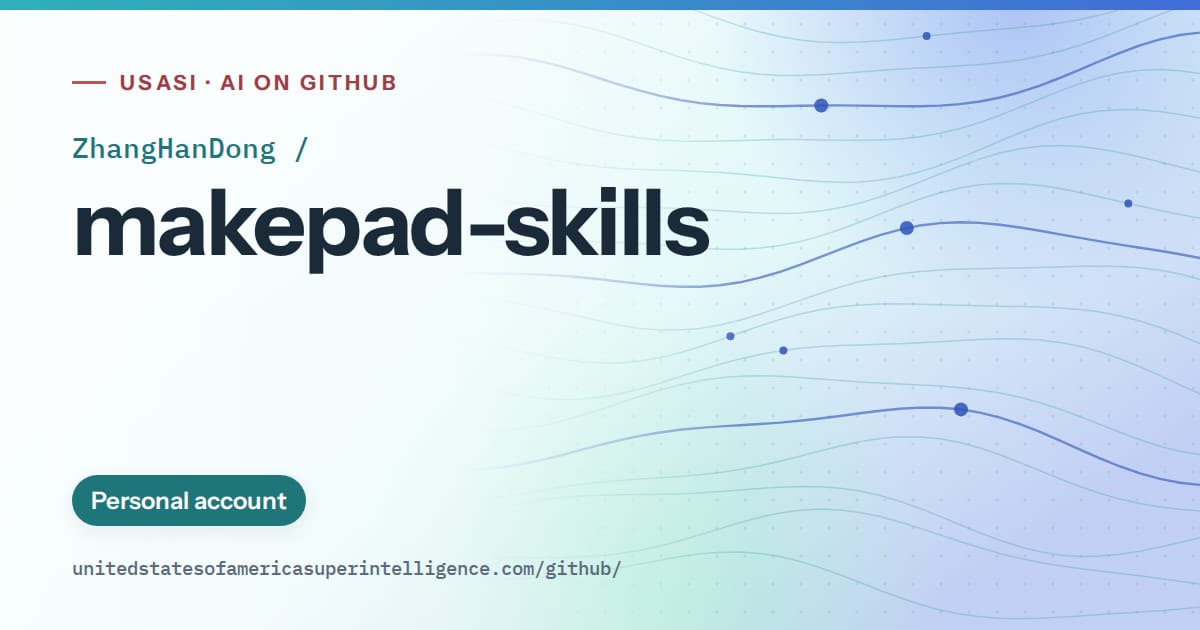 Generated teal flowing-wave artwork for ZhangHanDong/makepad-skills, labeled USASI · AI on GitHub, with Personal account.