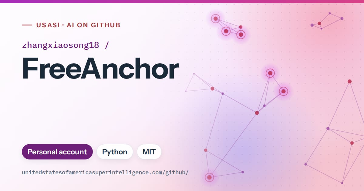 Generated purple constellation network artwork for zhangxiaosong18/FreeAnchor, labeled USASI · AI on GitHub, with Personal account · Python · MIT.