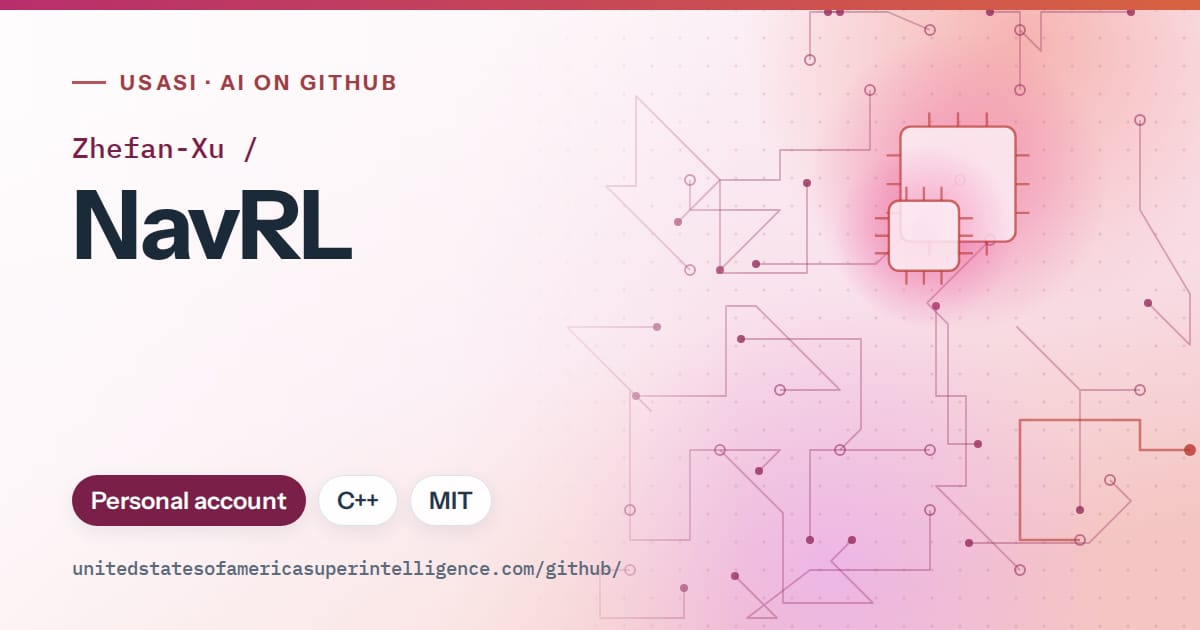 Generated pink circuit-trace artwork for Zhefan-Xu/NavRL, labeled USASI · AI on GitHub, with Personal account · C++ · MIT.