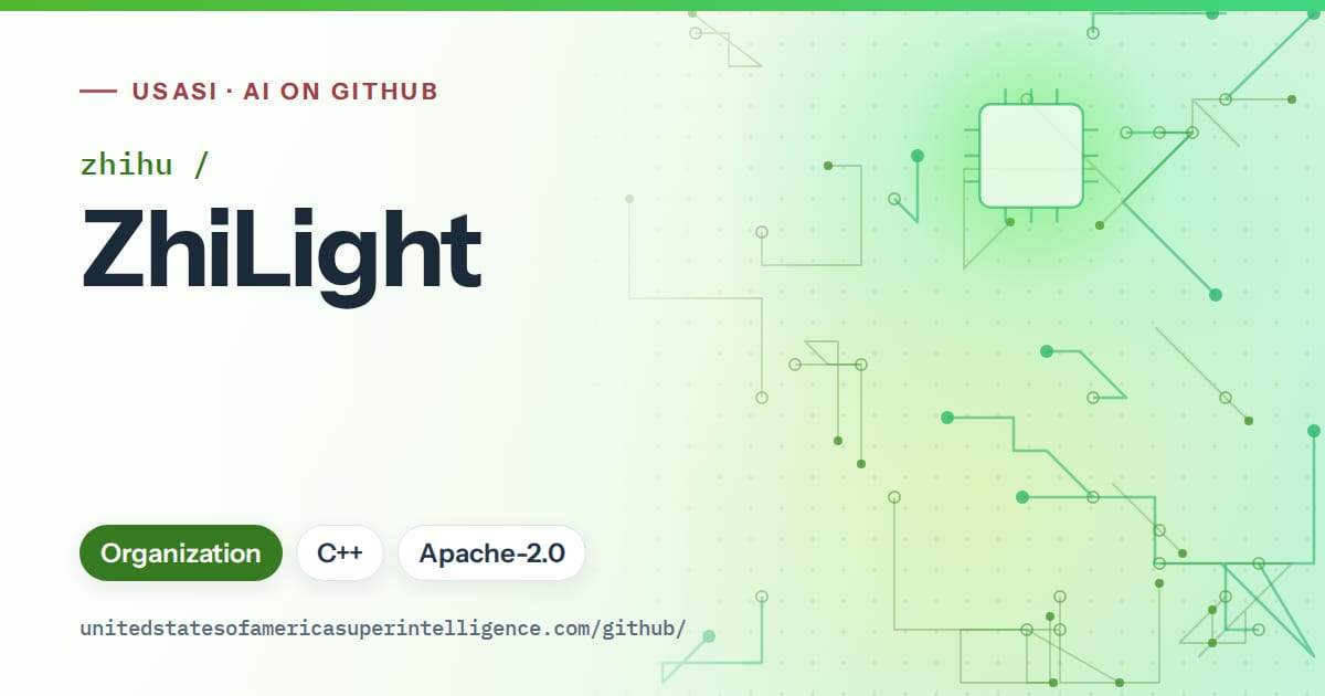 Generated green circuit-trace artwork for zhihu/ZhiLight, labeled USASI · AI on GitHub, with Organization · C++ · Apache-2.0.