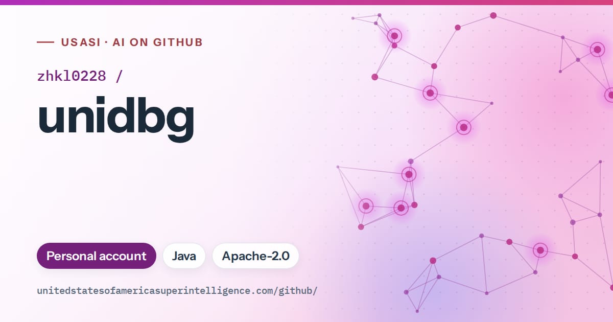 Generated purple constellation network artwork for zhkl0228/unidbg, labeled USASI · AI on GitHub, with Personal account · Java · Apache-2.0.