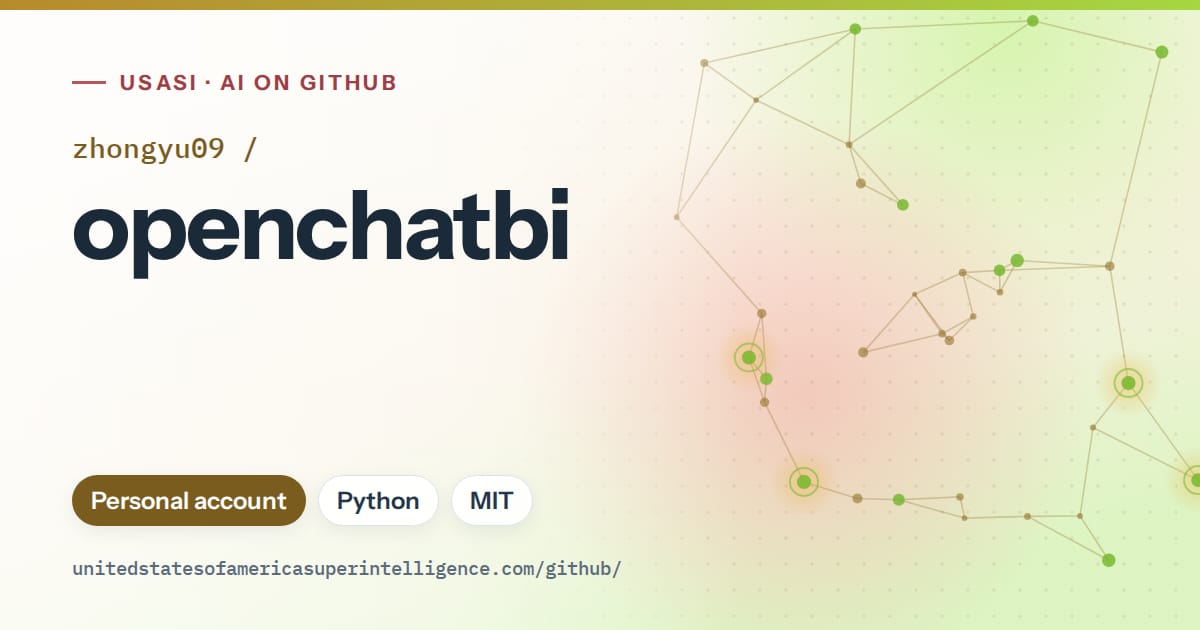 Generated orange constellation network artwork for zhongyu09/openchatbi, labeled USASI · AI on GitHub, with Personal account · Python · MIT.