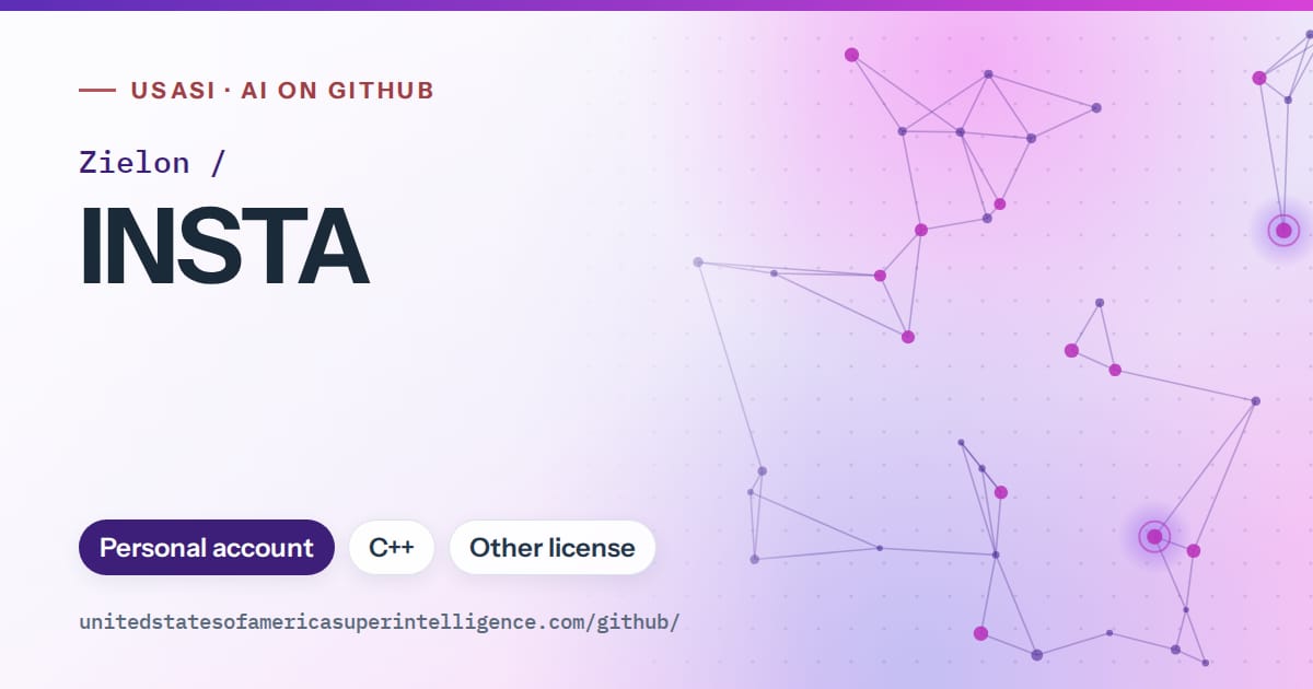 Generated violet constellation network artwork for Zielon/INSTA, labeled USASI · AI on GitHub, with Personal account · C++ · Other license.