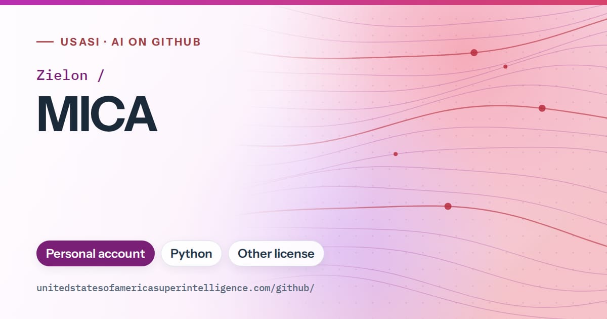 Generated purple flowing-wave artwork for Zielon/MICA, labeled USASI · AI on GitHub, with Personal account · Python · Other license.