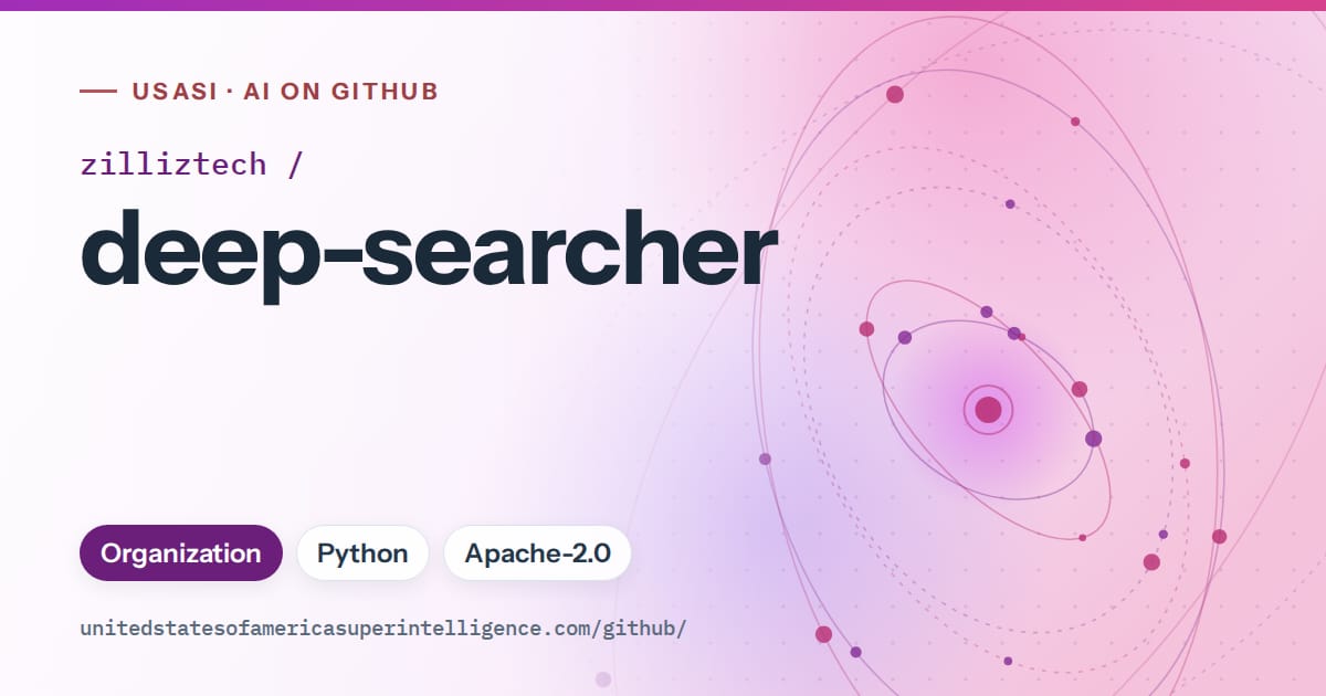 Generated purple orbit artwork for zilliztech/deep-searcher, labeled USASI · AI on GitHub, with Organization · Python · Apache-2.0.